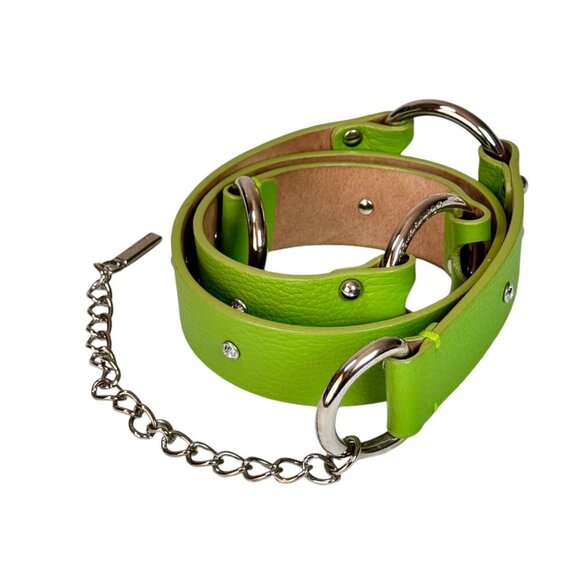 VTG Y2K Authentic Dolce & Gabbana Leather Belt 95-38 Green Rhinestones Rings - Picture 1 of 14